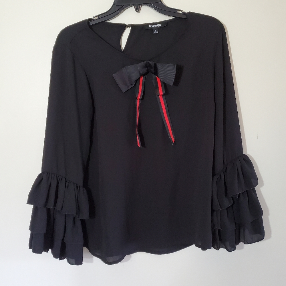 Ups & Downs Ruffle Cuff Bow Detail Black Sheer Chiffon Top Blouse Size Medium